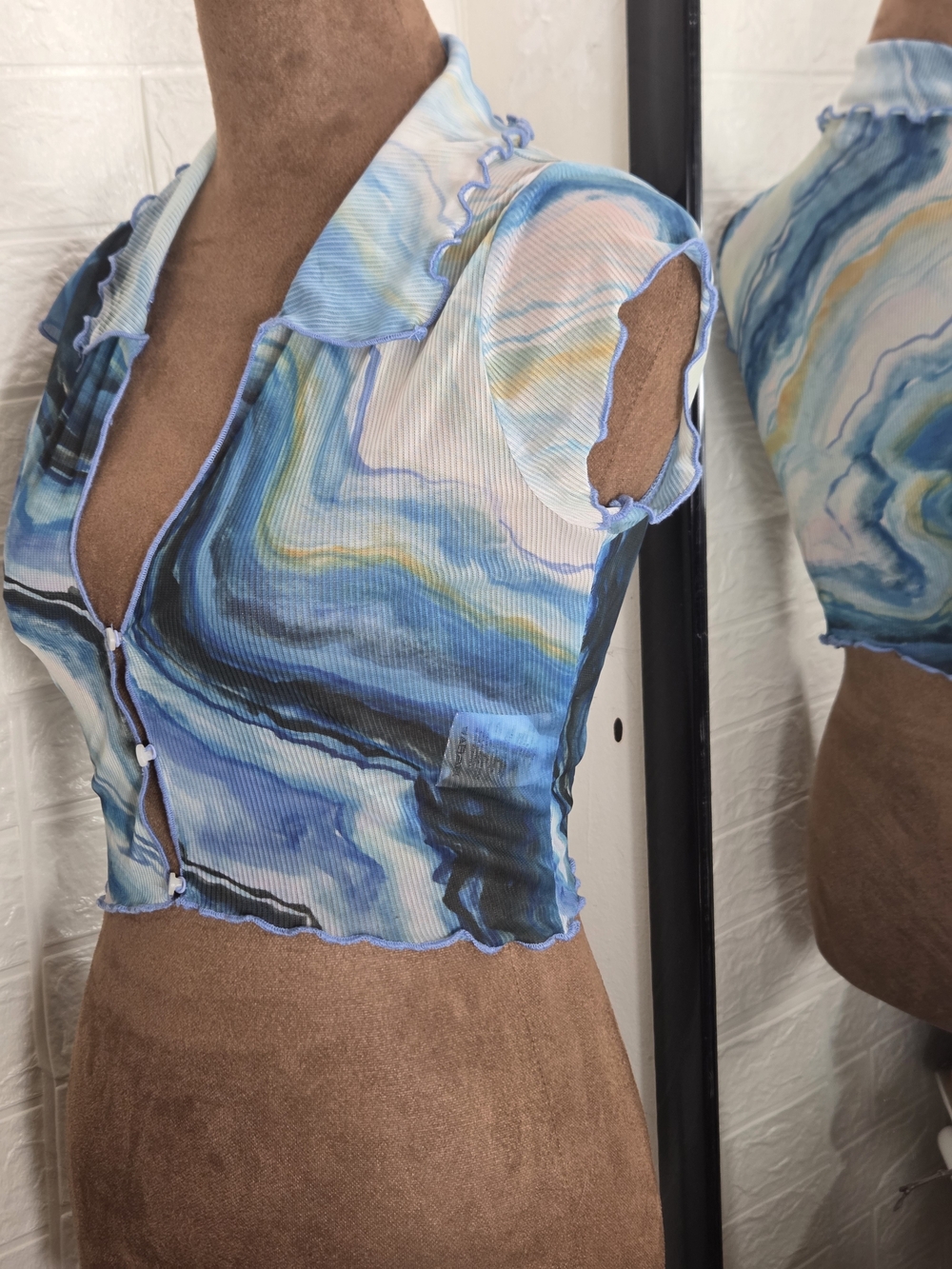 Urban Outfitters Blue Marble-Print Mesh Crop Top - Picture 1 of 6